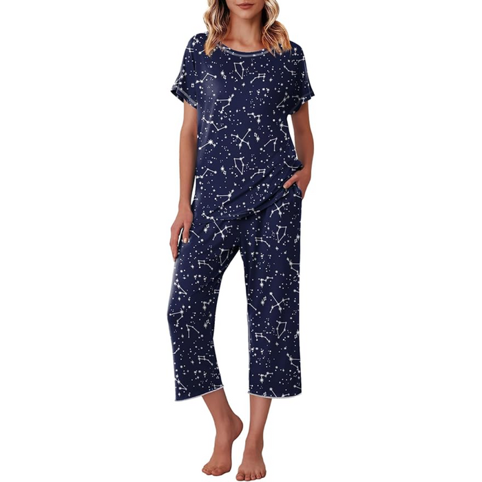 Printed Capri Pajama Set With Short Sleeve Top