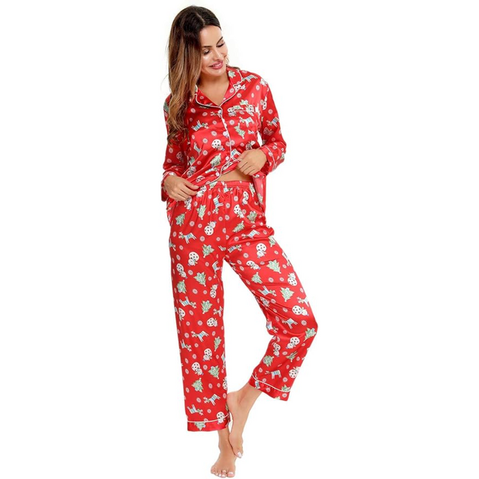 Long Sleeve Printed Button Down Satin Pajama Set