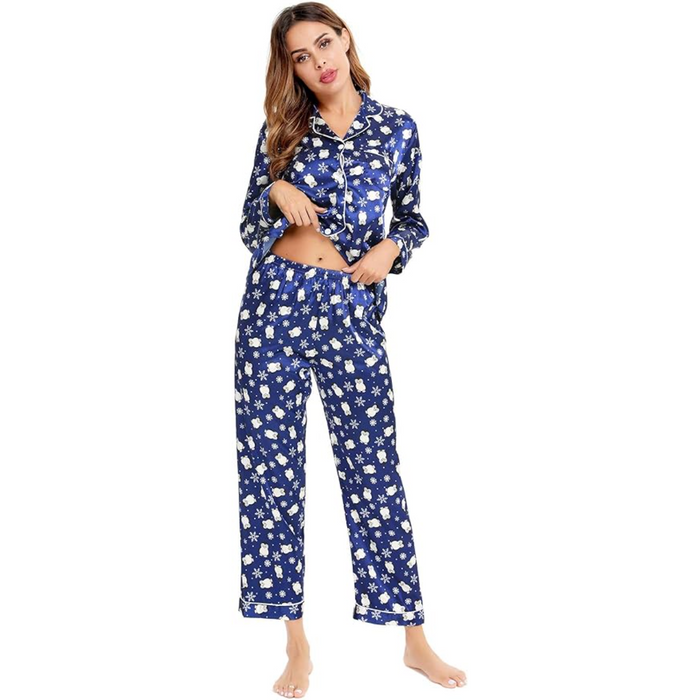 Long Sleeve Printed Button Down Satin Pajama Set