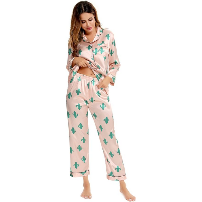 Long Sleeve Printed Button Down Satin Pajama Set