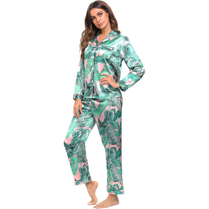 Long Sleeve Printed Button Down Satin Pajama Set