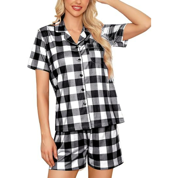 Plaid Print Short Sleeve Button Down Sleepwear Set