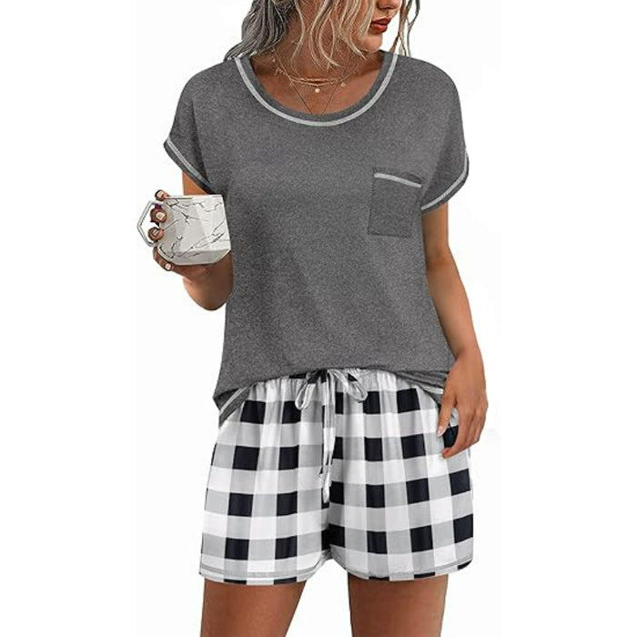 Short Sleeve Contrast Piping Pajama Set With Pocket