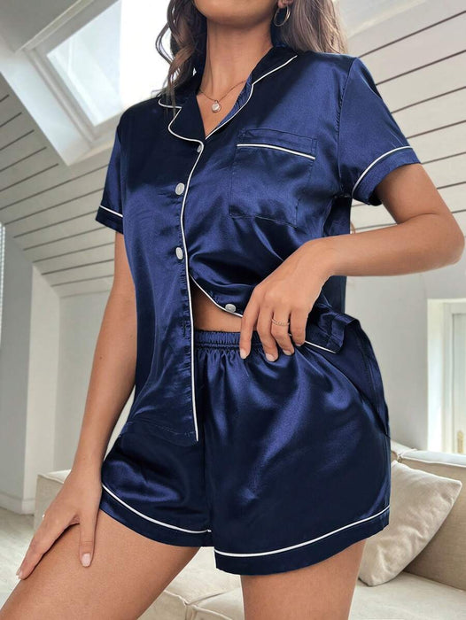 Contrast Piping Satin Pajama Set