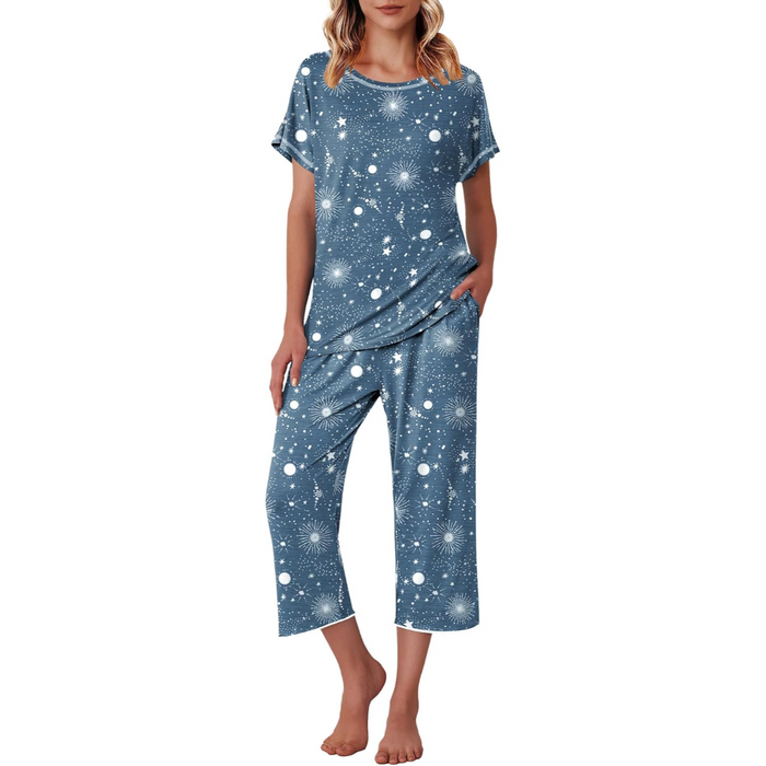 Printed Capri Pajama Set With Short Sleeve Top