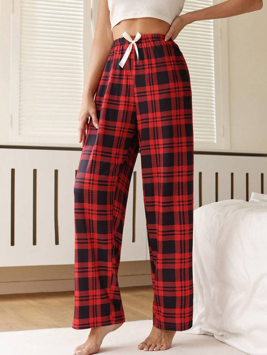 Grid Patterned Pajama Bottoms With Bowknot