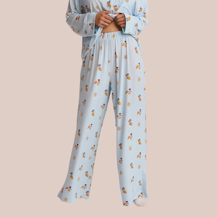 Long Sleeve Pajama Set With Coffee And Croissants Print