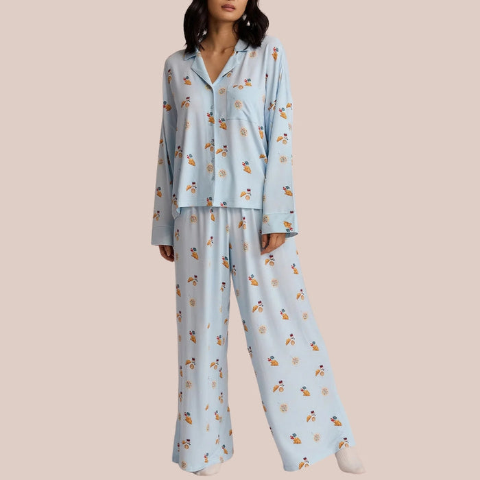 Long Sleeve Pajama Set With Coffee And Croissants Print