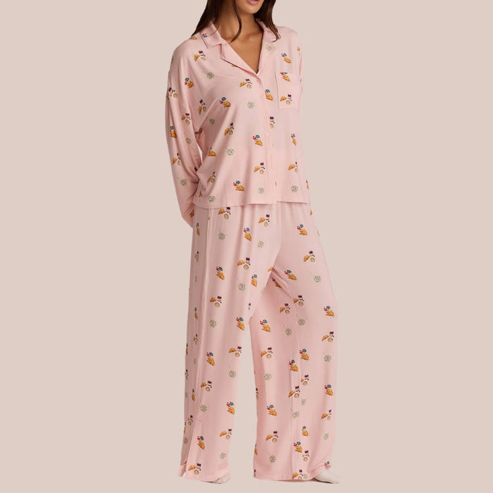 Long Sleeve Pajama Set With Coffee And Croissants Print