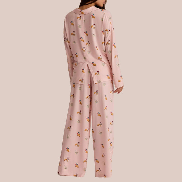 Long Sleeve Pajama Set With Coffee And Croissants Print