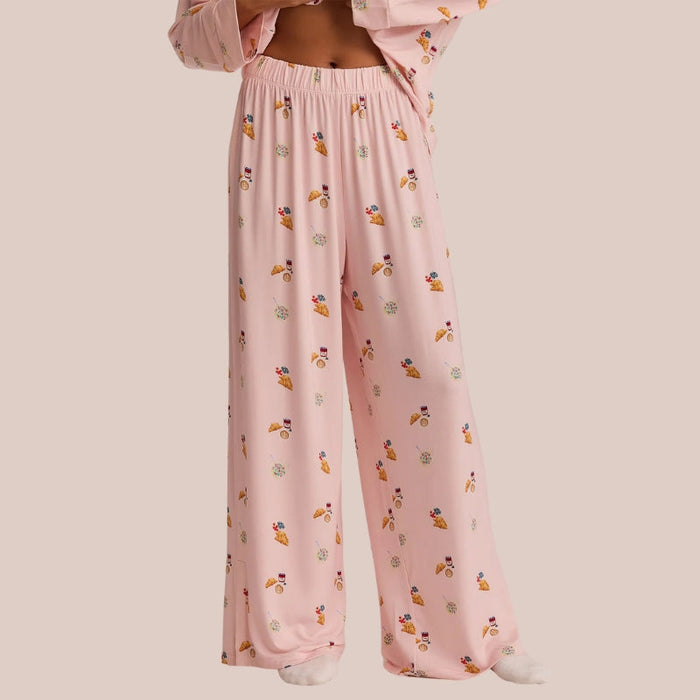 Long Sleeve Pajama Set With Coffee And Croissants Print