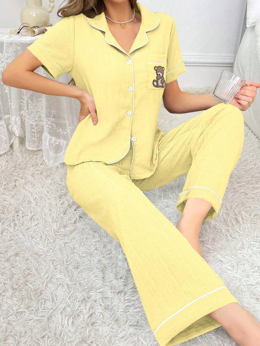 Pocket Teddy Bear Embroidery Pajama Set