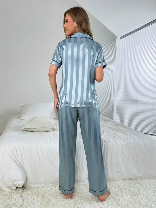 Simulated Silk Stripe And Jacquard Pajama Set