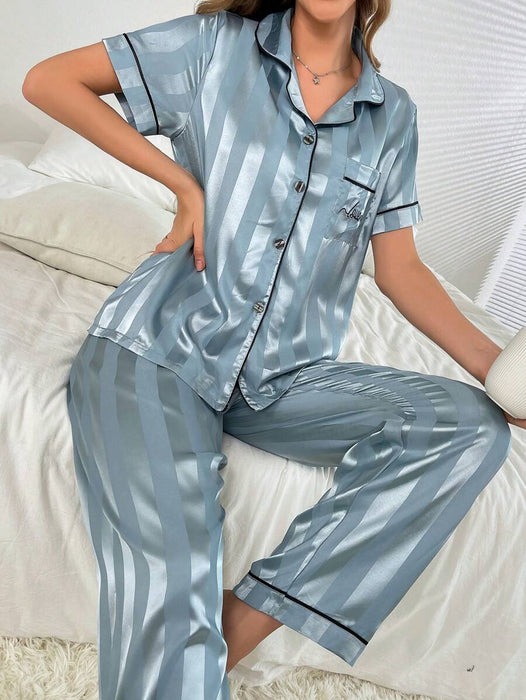 Simulated Silk Stripe And Jacquard Pajama Set