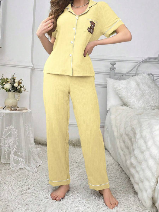 Pocket Teddy Bear Embroidery Pajama Set