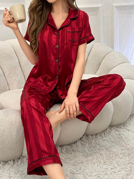 Simulated Silk Stripe And Jacquard Pajama Set