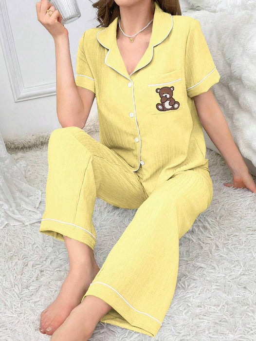 Pocket Teddy Bear Embroidery Pajama Set