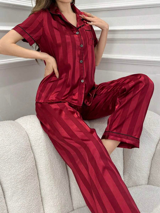 Simulated Silk Stripe And Jacquard Pajama Set