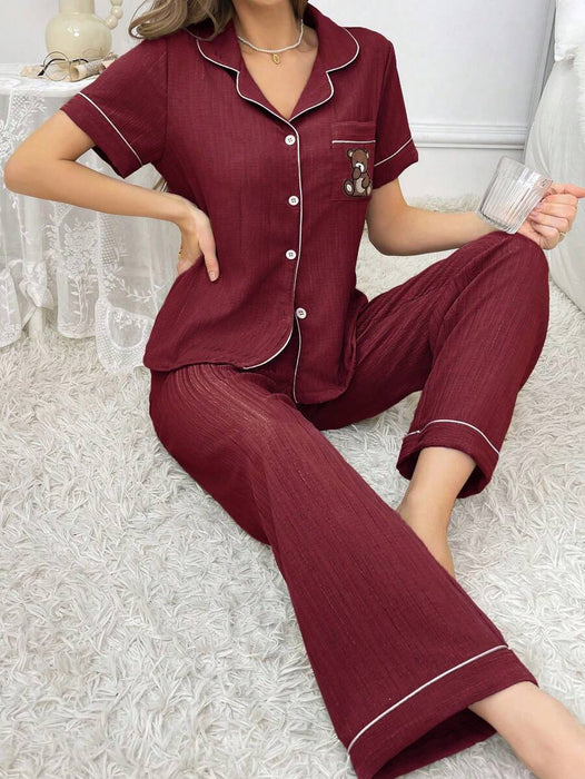 Pocket Teddy Bear Embroidery Pajama Set