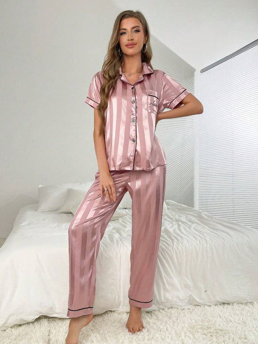 Simulated Silk Stripe And Jacquard Pajama Set