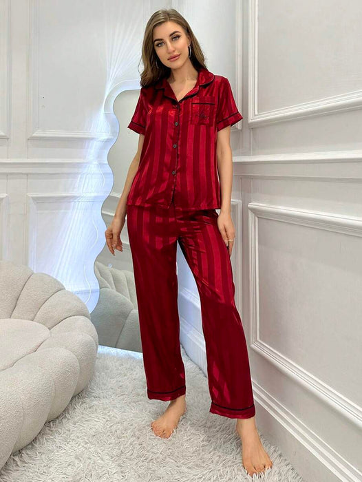 Simulated Silk Stripe And Jacquard Pajama Set