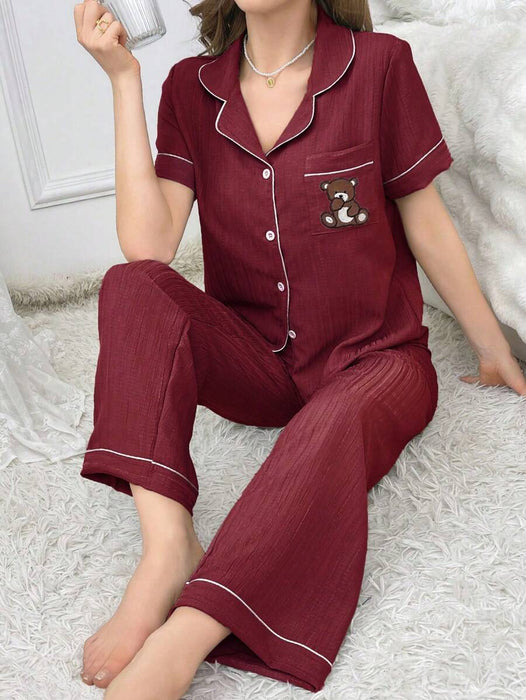 Pocket Teddy Bear Embroidery Pajama Set