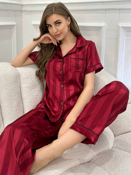 Simulated Silk Stripe And Jacquard Pajama Set