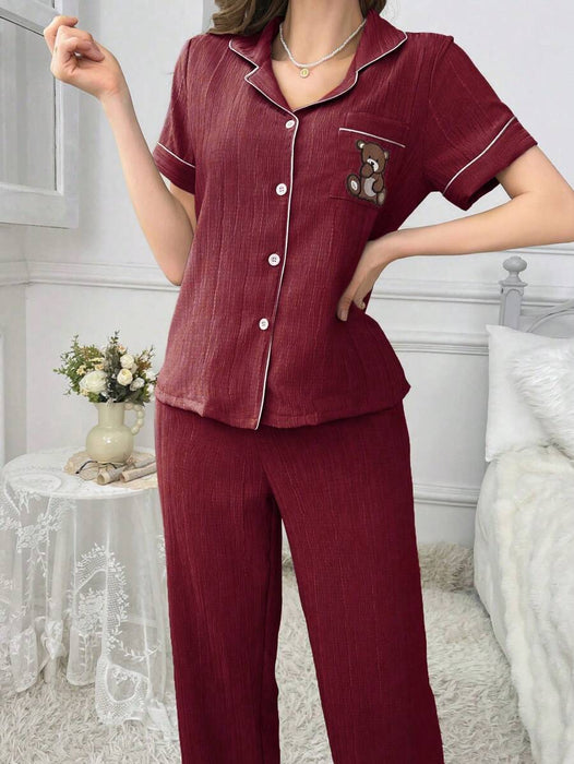 Pocket Teddy Bear Embroidery Pajama Set