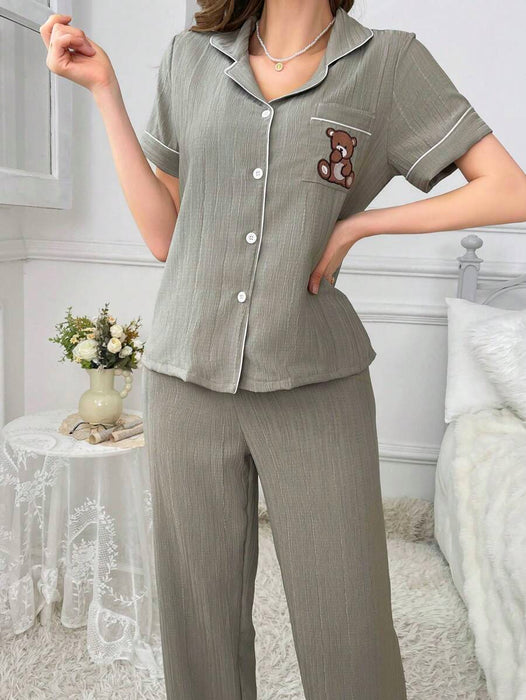 Pocket Teddy Bear Embroidery Pajama Set