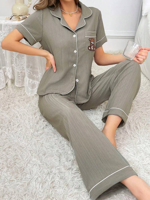 Pocket Teddy Bear Embroidery Pajama Set