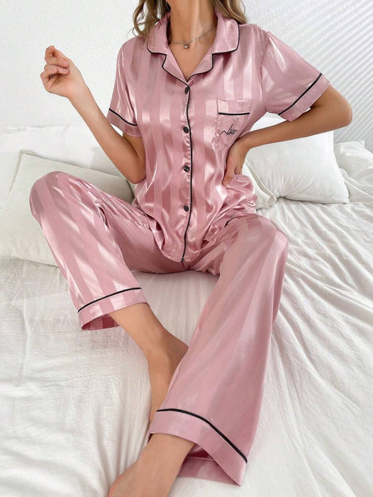 Simulated Silk Stripe And Jacquard Pajama Set