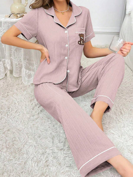 Pocket Teddy Bear Embroidery Pajama Set