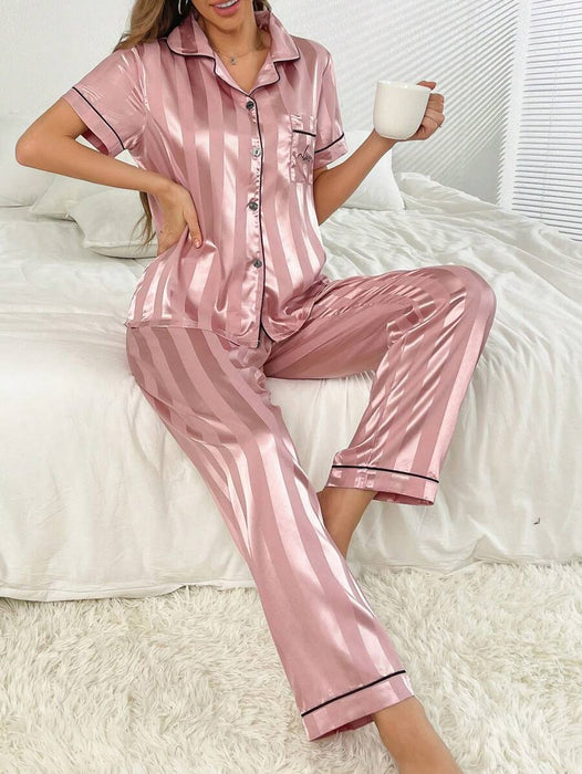 Simulated Silk Stripe And Jacquard Pajama Set