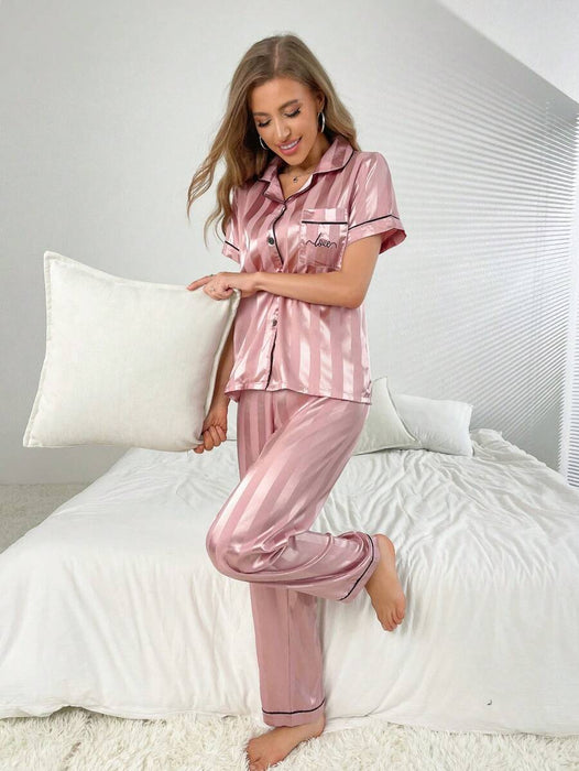 Simulated Silk Stripe And Jacquard Pajama Set