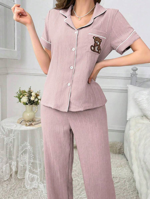 Pocket Teddy Bear Embroidery Pajama Set