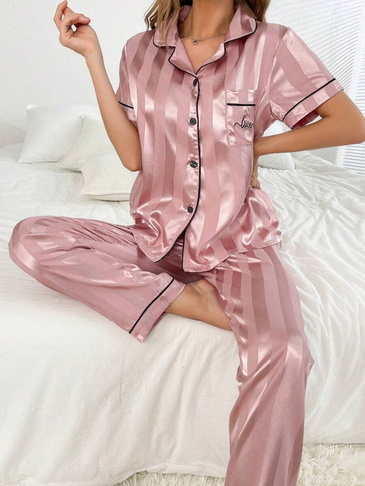 Simulated Silk Stripe And Jacquard Pajama Set