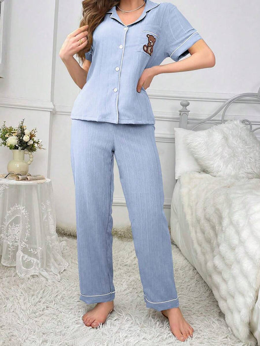 Pocket Teddy Bear Embroidery Pajama Set