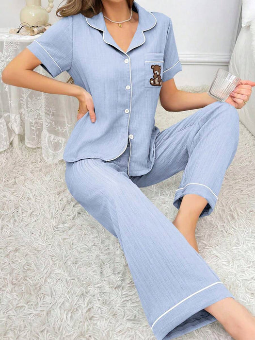 Pocket Teddy Bear Embroidery Pajama Set