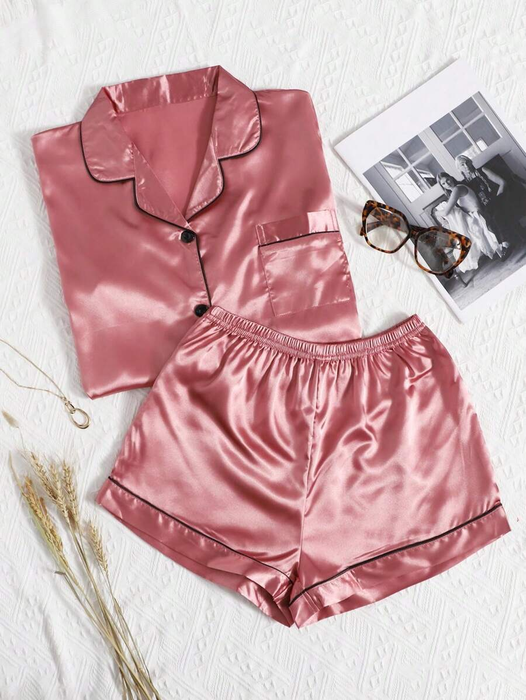 Contrast Binding Satin Pajama Set