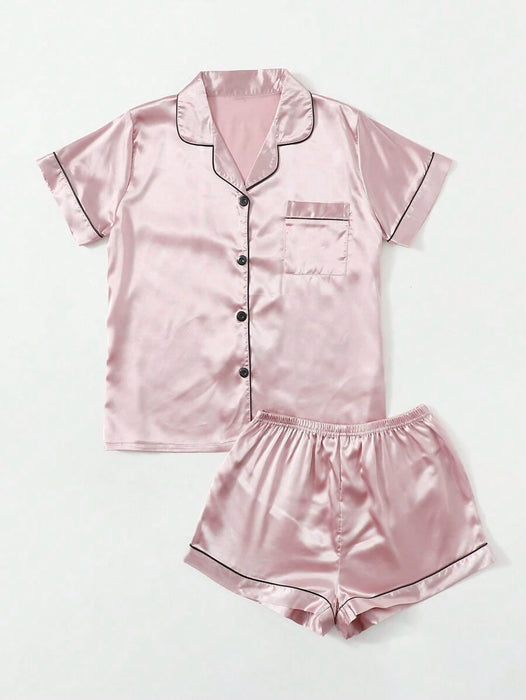 Contrast Binding Satin Pajama Set