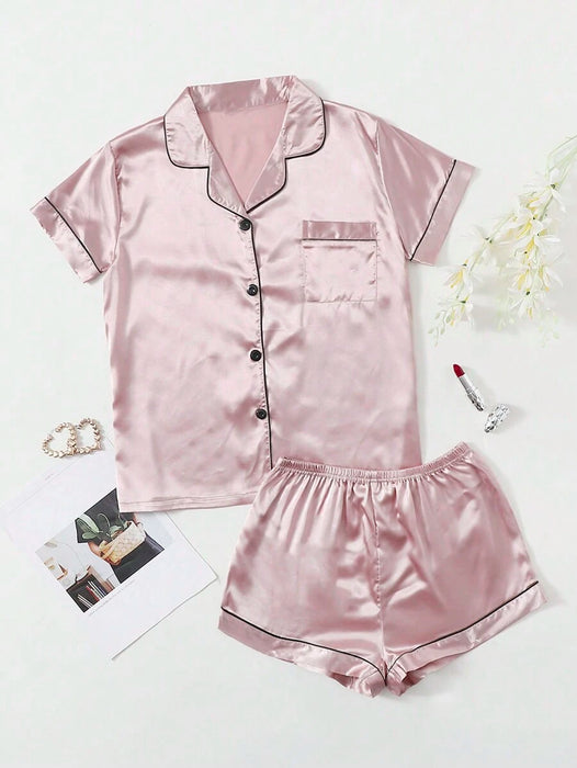 Contrast Binding Satin Pajama Set