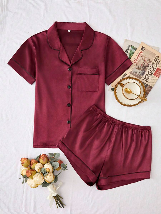 Contrast Binding Satin Pajama Set