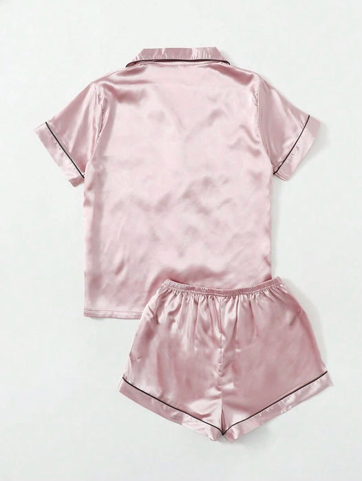 Contrast Binding Satin Pajama Set