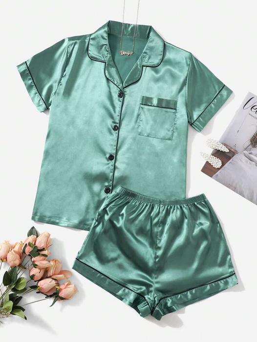 Contrast Binding Satin Pajama Set