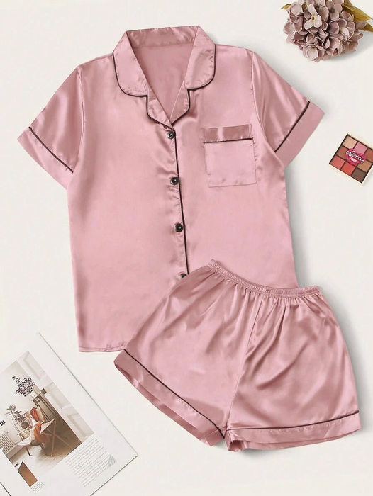 Contrast Binding Satin Pajama Set