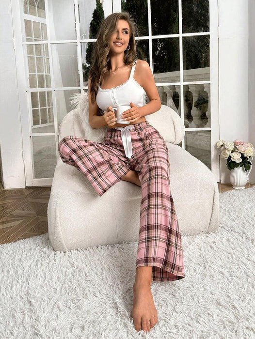 Plaid Print Bow Front Pajama Pants