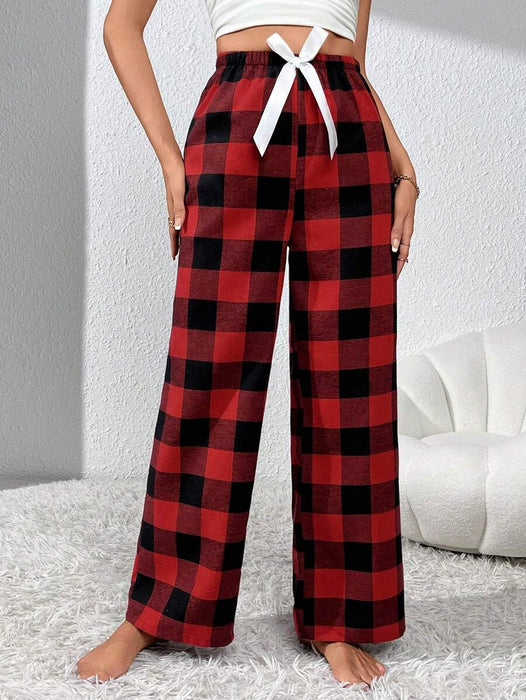 Plaid Pattern Bow Front Pajama Pants