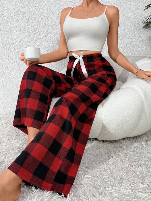 Plaid Pattern Bow Front Pajama Pants