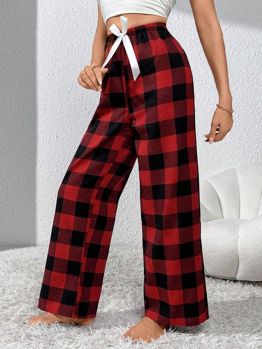 Plaid Pattern Bow Front Pajama Pants