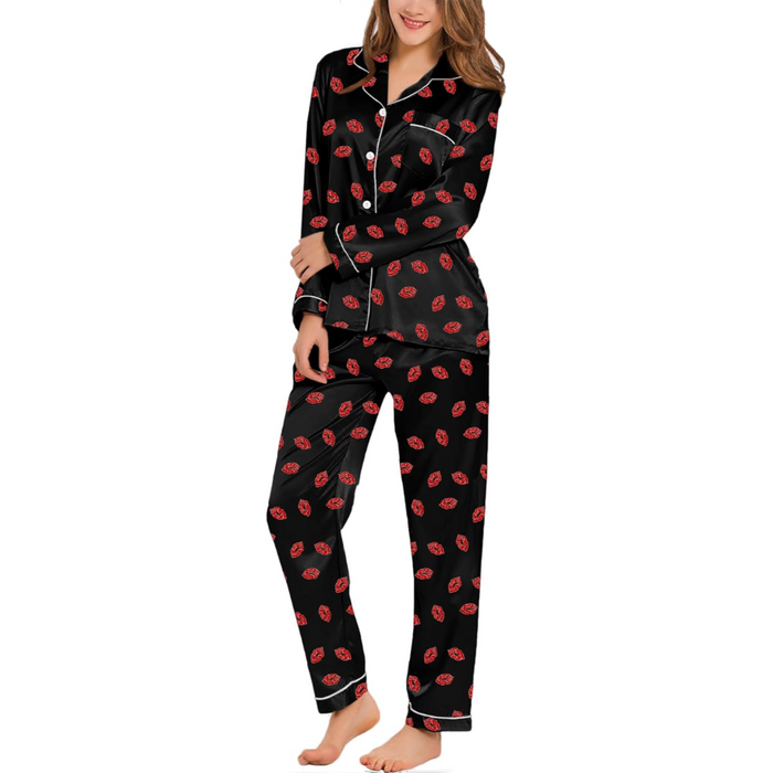 Elegant Long Sleeve Printed Satin Pajama Set